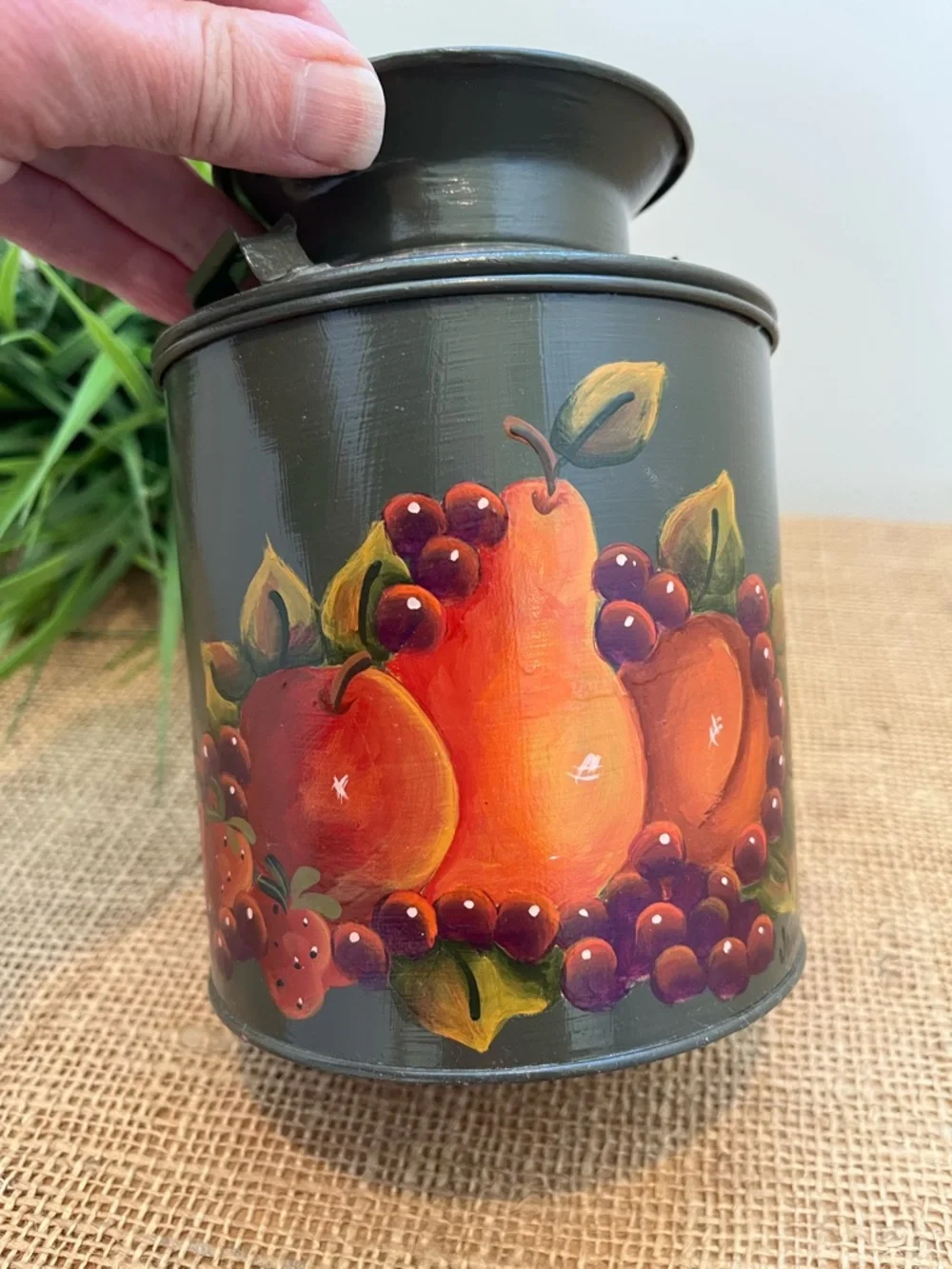 Vintage Tole Painted Folk Art Fruit Tin Container with Lid